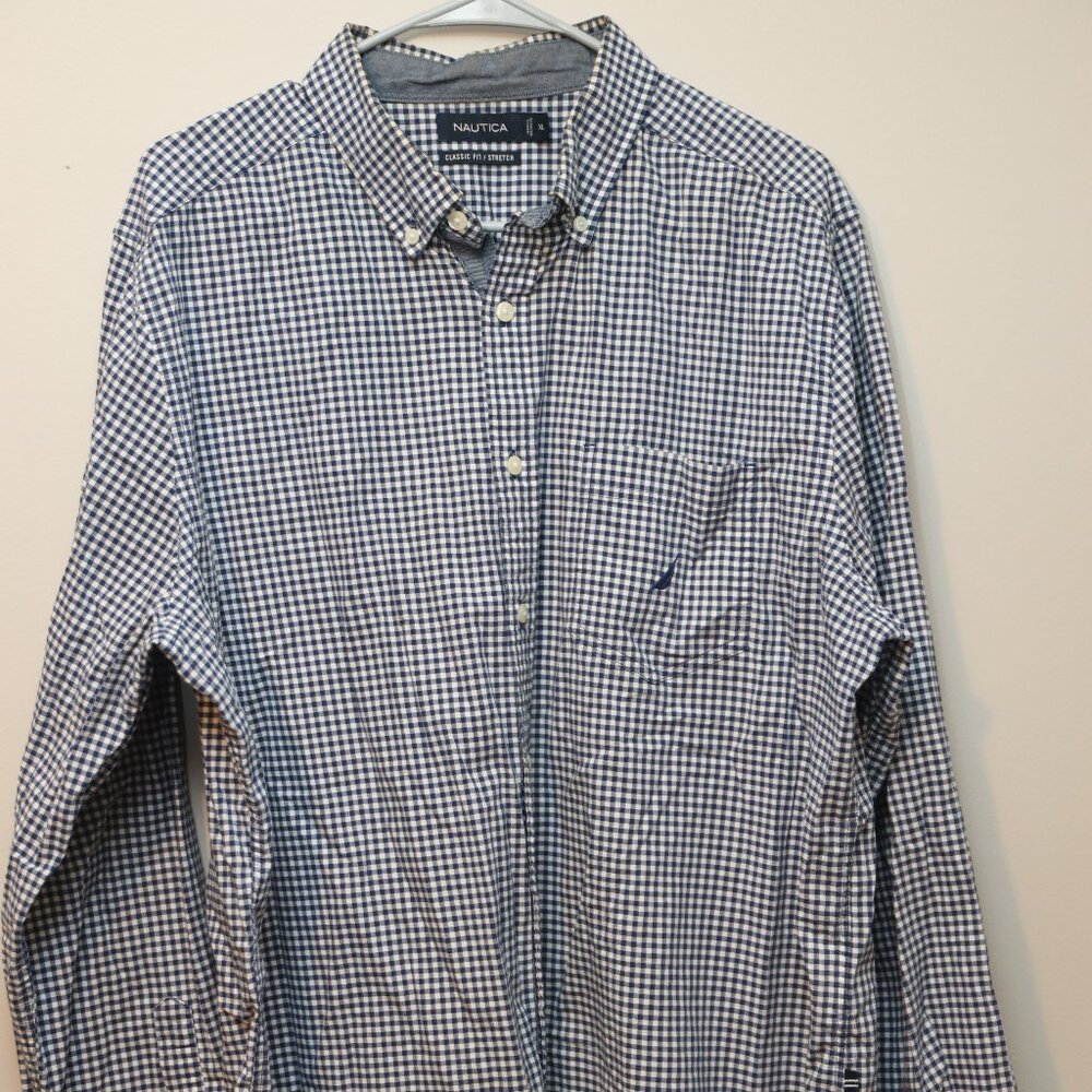 Nautica Blue Gingham Mens Long Sleeve Button Down, Size XL